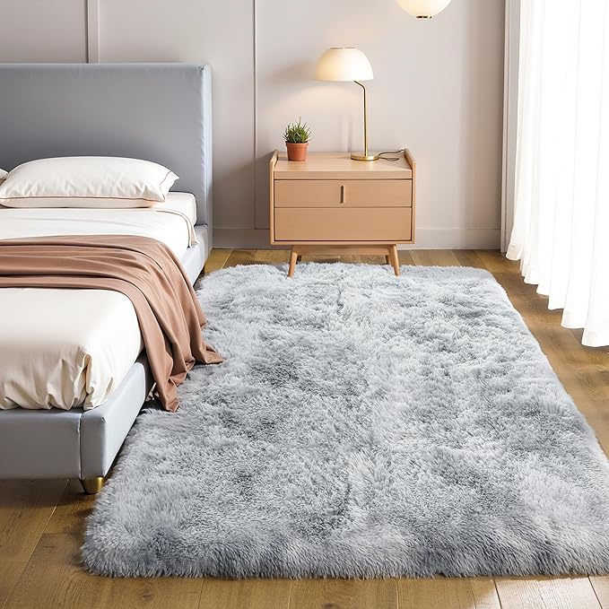 Thick Area Rug Light Grey Fluffy Shag 3x5 for Bedroom, Soft Plush Fuzzy Shaggy Carpet, Thickened Washable Non Slip Cozy Furry Rugs for Living Room, Kids Baby Nursery Dorm, Tie-Dye Gray
