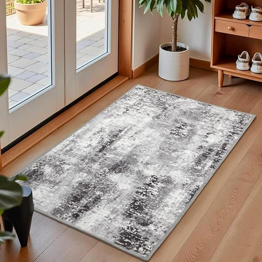 Washable Abstract Rug, 2x3 Small Modern Area Rugs with Non-Slip Rubber Backed for Kitchen, Thin but Soft Throw Carpet Bedroom Entryway Front Door Decor, Dark Grey