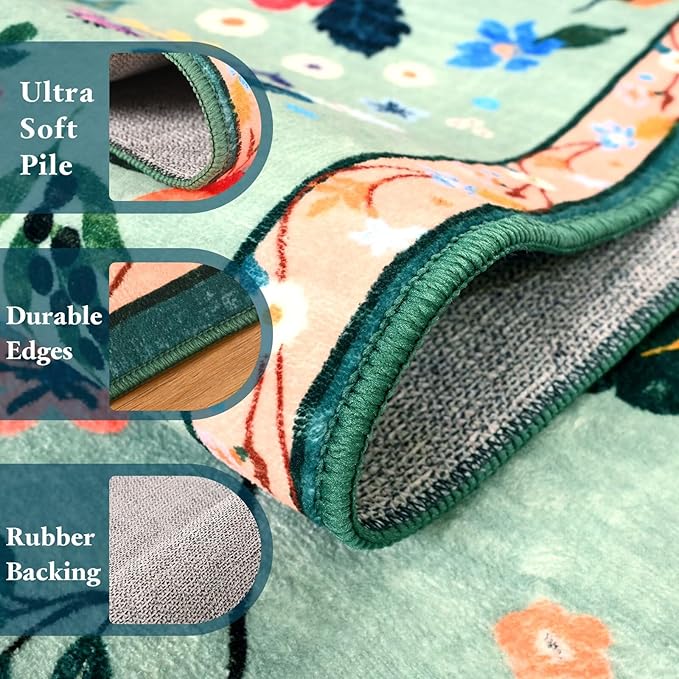 2.5x8 Floral Runner Rug, Flowers Printed Washable Rugs with Non Slip Backing for Girls Bedroom Kitchen Hallway,Cute Carpet Runners Home Aesthetic Decor, Light Green