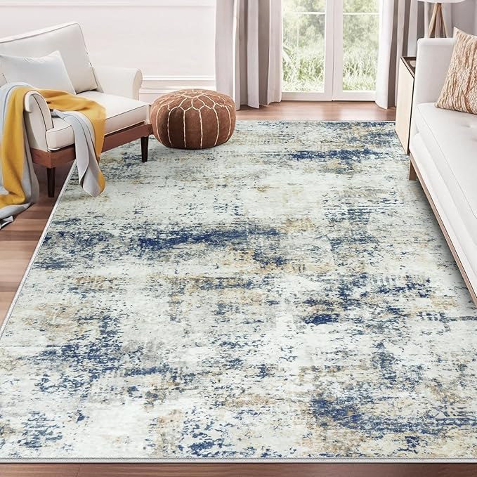 10x14 Area Rugs Living Room Rugs: Large Washable Rug with Anti-Slip Backing Non-Shedding Stain-Resistant Soft Abstract Carpet for Bedroom Dining Room Nursery Home Office Blue Brown