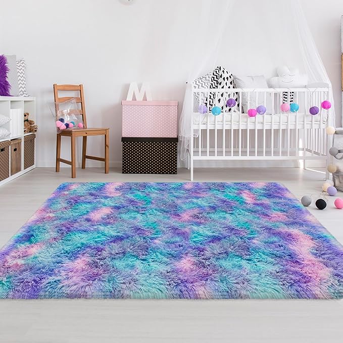 4x6ft Tie-Dyed Purple Rainbow Carpet Soft Area Rugs for Girls Room, Fluffy Colorful Rug Cute Floor Carpets Shaggy Playing Mat for Kids Baby Girls Bedroom Nursery Home Decor