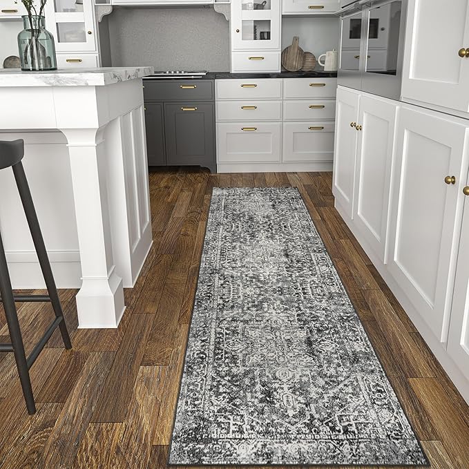 Morebes Vintage Black Runner Rugs for Hallway 2x8, Stain-Resistant Kitchen Runner Rugs Non Skid Washable, Medallion Low Pile Soft Carpet for Entryway Bathroom Bedroom