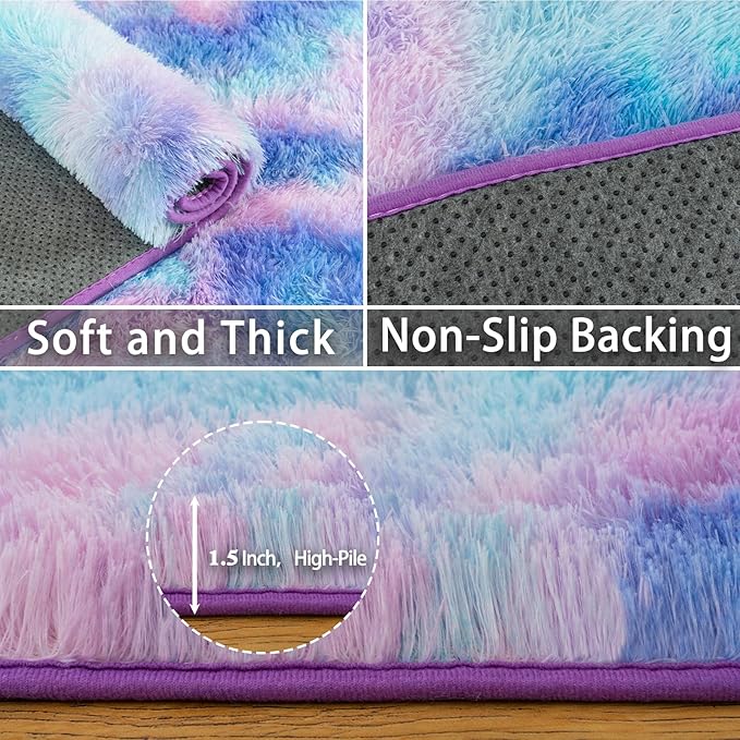 Large Area Rugs 9x12 Living Room, Plush Thick Carpets for Boy and Girls Room, Modern Soft Shag Rug for Bedroom, Non Slip, Indoor Carpet for Nursery Dorms Home Decor Aesthetic, Purple Rainbow