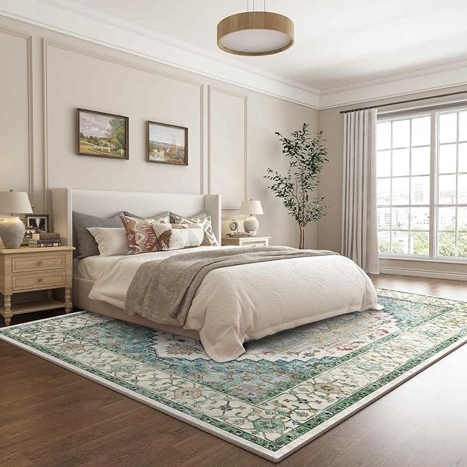 Washable 6x9 Area Rugs, Rugs for Living Room, Low-Pile Water&Stain Resistant Carpet Vintage Distressed Printed Non-Slip Carpet for Bedroom Bathroom Kitchen-Grass Green
