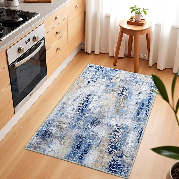 Washable Abstract Rug, 2x3 Small Modern Area Rugs with Non-Slip Rubber Backed for Kitchen, Thin but Soft Throw Carpet Bedroom Entryway Front Door Decor, Midnight Blue