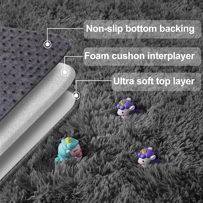 2x3 Rug for Bedroom, Fluffy Area Rugs for Living Room, Small Soft Shag Fuzzy Shaggy Carpets for Kids Boys and Girls Dorm with 4 Non-Slip Rug Tapes for Room Home Decor (2ft x 3ft, Dark Grey)