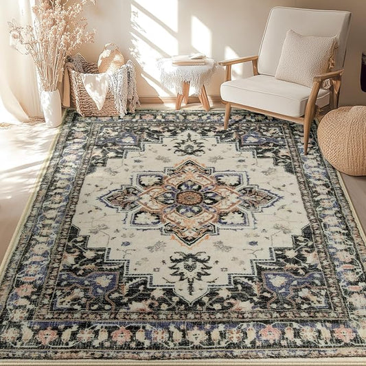 BESTSWEETIE 6x9 Area Rugs for Living Room, Washable Ultra Soft Boho Vintage Print Pattern Rug Non Slip Low Pile Carpet for Dining Room Bedroom Entryway Indoor-Khaki/Beige/Purple/Black
