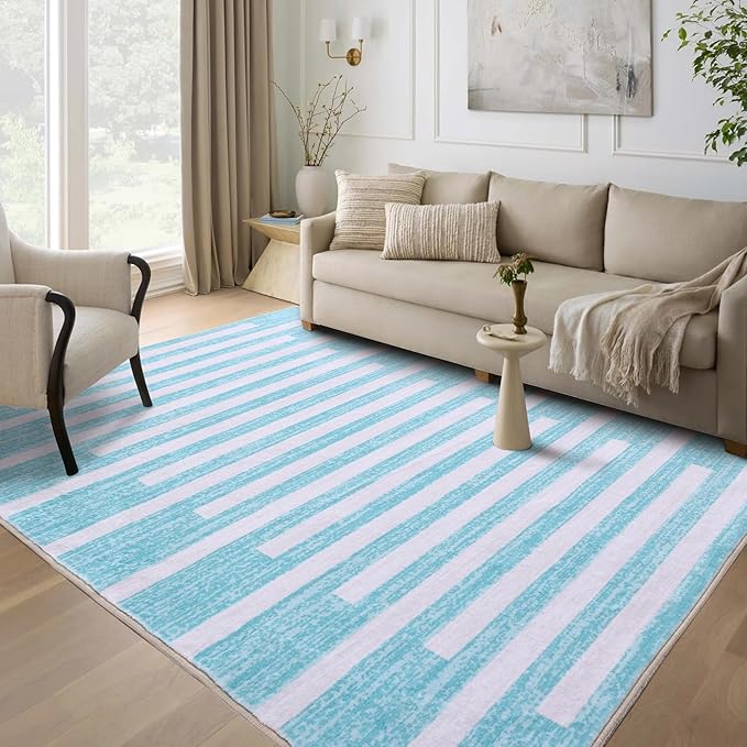 Carvapet Teal Rugs for Living Room, Soft Striped Modern Boho Low Pile Large Carpet with Rubber Backing, Foldable, Non Slip Machine Washable (10 x 8 Feet Rectangular, Teal Area Rug)