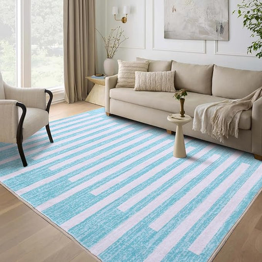 Carvapet Teal Rugs for Living Room, Soft Striped Modern Boho Low Pile Large Carpet with Rubber Backing, Foldable, Non Slip Machine Washable (10 x 8 Feet Rectangular, Teal Area Rug)