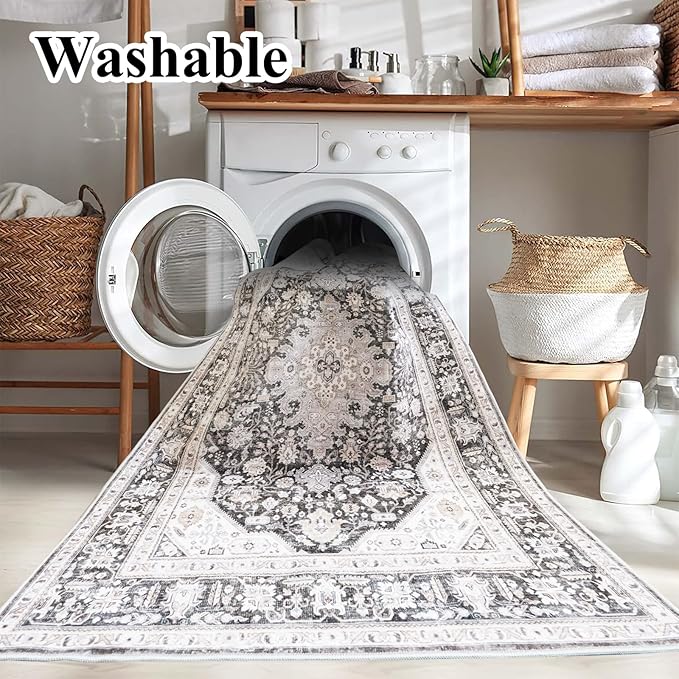 Washable Area Rug - 6x9 Bedroom Living Room Large Indoor Rugs Soft Oriental Vintage Rugs Non-Slip Backing Stain Resistant for Farmhouse Kitchen (6x9 Black/Ivory)