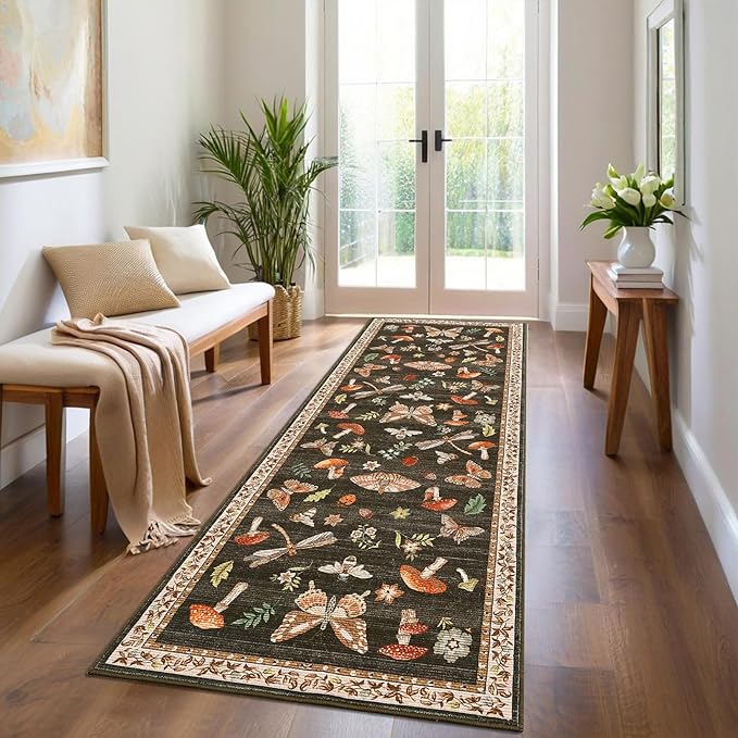2.5x8 Runner Rug for Hallway Washable Kitchen Rugs Non Slip with Rubber Back Mushroom Soft Low-Pile Stain Resistant Foldable Indoor Carpet for Entryway Laundry Room Floor Mats Brown