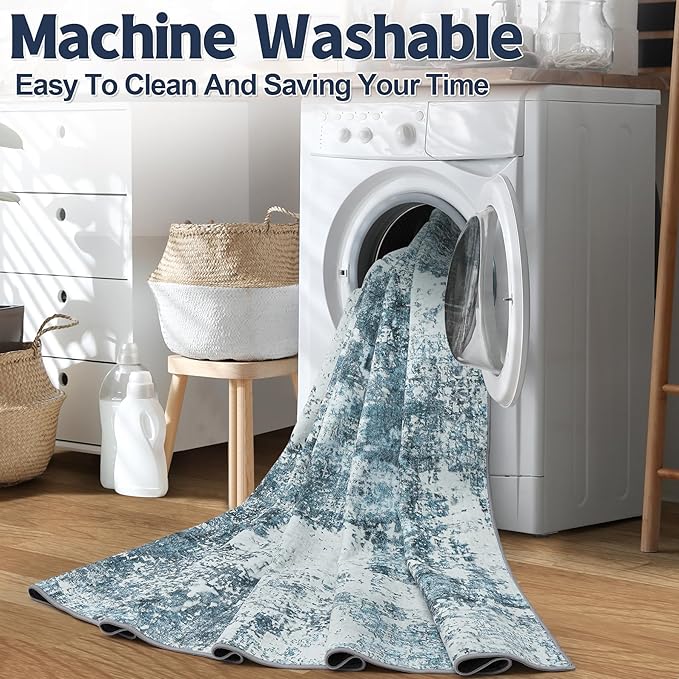 Runner Rug 2'6''x8' Washable Runner Rug: Machine Washable Kitchen Area Rug with Anti-Slip Backing Non-Shedding Stain-Resistant Long Soft Carpet Runner for Hallway, Bedroom, Laundry Room-Blue