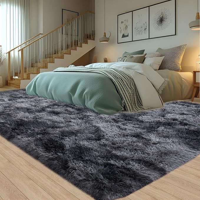 6x9 Fluffy Shag Area Rugs for Living Room, Soft Cozy Large Fuzzy Shaggy Carpet for Boys Girls Kids Bedroom, Non-Slip & High Pile, Modern Indoor Floor Plush Thick Rug, Tie-dye Dark Grey