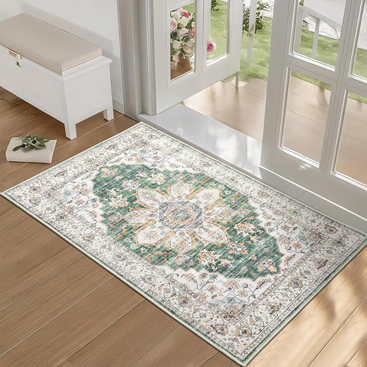 Green Area Rug 2x3 Small Vintage Rug, Ultra-Thin Washable Entryway Rug Soft Non Slip Bathroom Mat Oriental Medallion Indoor Accent Throw Carpet for Kitchen Sink Bedroom Laundry Room