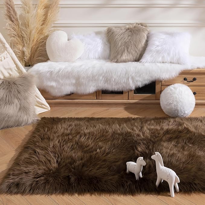 Ashler Faux Fur Rug - Fluffy Shaggy Area Rug, Ultra Soft 3 x 5 Feet Sheepskin Fur, Dark Coffee Fuzzy Machine Washable Shag, Nursery Decor Throw for Bedroom, Living Room, Kids Room
