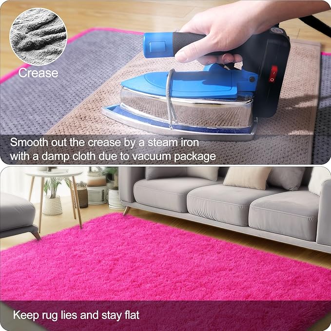 2x3 Rug for Bedroom, Fluffy Area Rugs for Living Room, Small Soft Shag Fuzzy Shaggy Carpets for Kids Boys and Girls Dorm with 4 Non-Slip Rug Tapes for Room Home Decor (2ft x 3ft, Hot Pink)