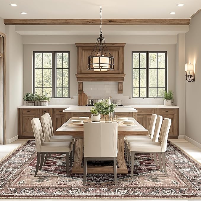 BESTSWEETIE 9x12 Area Rugs for Living Room Washable Non Slip Carpet Low Pile Soft Vintage Print Pattern Rug for Bedroom Dining Room Kitchen Entryway Indoor-Wine/Brown/Brick/Black/Light tan