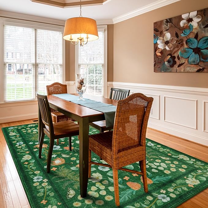 Area Rugs for Living Room, Non-Slip 4x6 Washable Rug for Bedroom,Vintage Floral for Entryway Office Kitchen Dining Room, Green