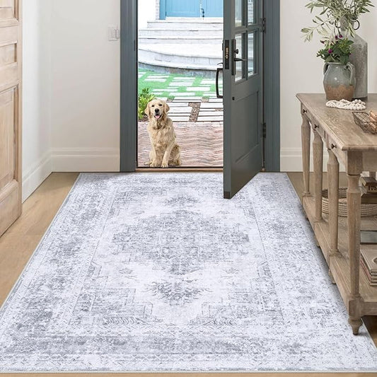 Bedroom Rug 3x5 Vintage Rug, Machine Washable Kitchen Rug Retro Medallion Distressed Rug Non-Slip Soft Low Pile Throw Rugs for Entryway Bedroom Bathroom Hallway Kitchen(LightGrey,3'x5')