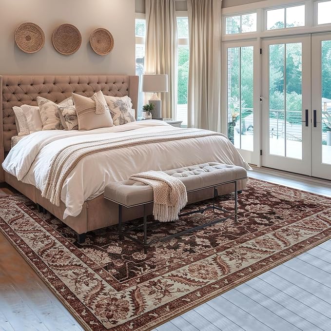 Area Rugs for Living Room, 4x6 Washable Rugs for Bedroom, Non-Slip Retro Floral Carpet for Entryway Office Kitchen Dining Room, Brownish Red