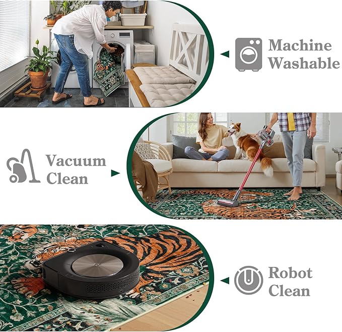 Moynesa Tiger 3x5 Washable Rug, Boho Area Rugs for Entryway, Green Non Slip Small Rug for Bedroom, Ultra Thin Botanical Soft Accent Carpet for Kitchen Entry Laundry Room