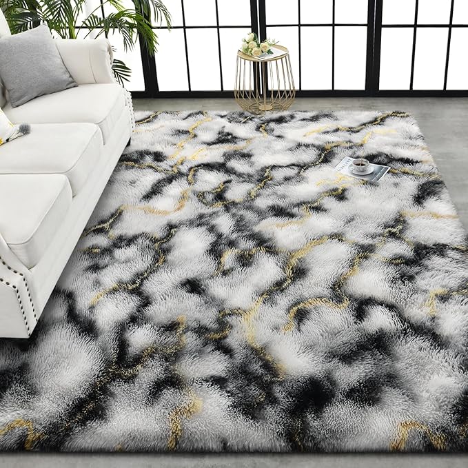 TWINNIS Super Soft Shaggy Rugs Fluffy Carpets, 6x9 Feet, Indoor Modern Plush Area Rugs for Living Room Bedroom Kids Room Nursery Home Decor, Upgrade Anti-Skid Rectangular Fuzzy Rug, Grey Gold