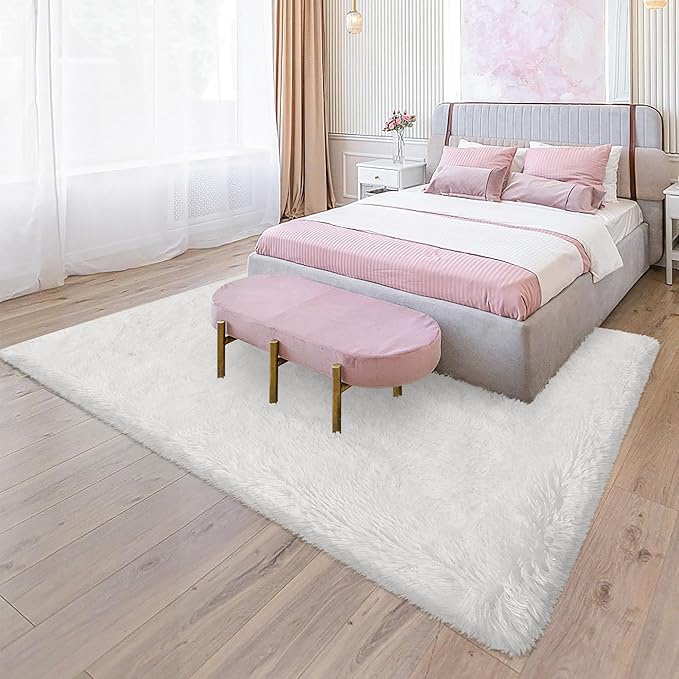 White Fluffy Rug for Bedroom Living Room, 4x6 Furry Cream Area Rug Soft Fuzzy Shag Carpet for Boys Girls Room Dorm Dresser Bedside, Plush Thick Throw Kids Shaggy Rug Non-Slip for Nursery