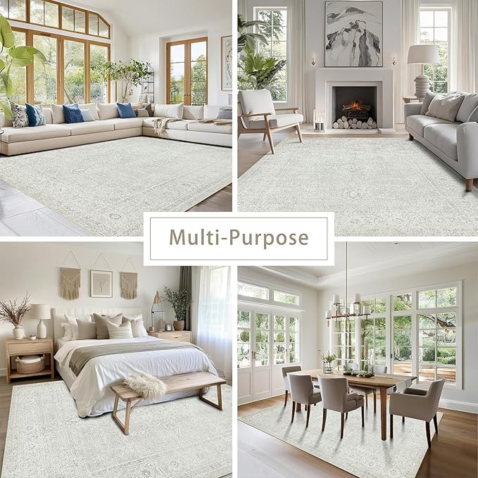 Washable Rugs 5x7 Area Rugs for Living Room,Bedroom,Large Carpets,Ultra Soft Faux Wool Retro Dining Room Rug,Non Slip&Non-Shedding Low Pile Vintage Rugs for Home Office,Concrete Grey