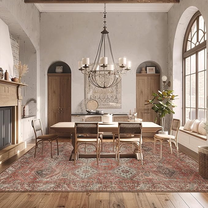 Bavni 4x6 Area Rugs for Living Room, Machine Washable Rug Non Slip, Vintage Chenille Distressed Print Carpet, Large Low Pile Ultra-Thin Lightweight Rugs for Bedroom, Dining Room, Office, Spice Sky