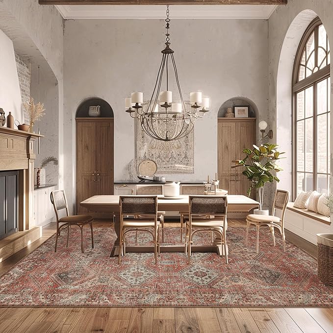 Bavni 8x10 Area Rugs for Living Room, Machine Washable Rug Non Slip, Vintage Chenille Distressed Print Carpet, Large Low Pile Ultra-Thin Lightweight Rugs for Bedroom, Dining Room, Office, Spice Sky