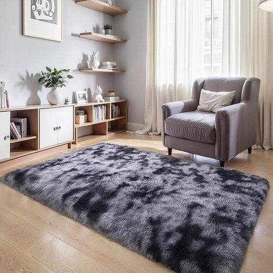 Thick Area Rug Dark Grey Fluffy Shag 3x5 for Bedroom, Soft Plush Fuzzy Washable Carpet for Living Room, Non Slip Furry Floor Shaggy Rug for Kids Baby Nursery College Dorm, Tie-Dye Dark Gray