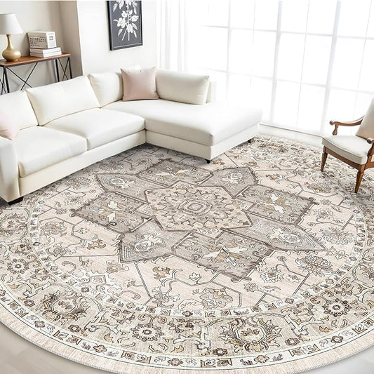 RUUGME Washable 9 ft Round Rug - Large Boho Rugs for Living Room Stain Resistant Carpet Vintage Tribal Rugs for Bedroom Kitchen with Non Slip Backing Floor Decoration Mat 9ft Ivory