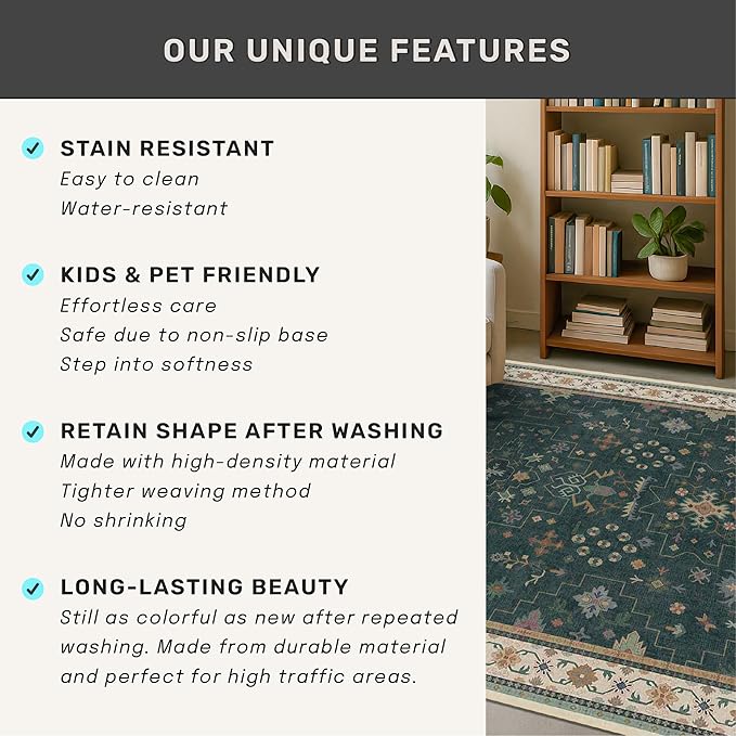 Vintage Dark Green 6x9 Dining Room Rugs for Under Kitchen Table - Washable Livinig Room Rug - Unique Floral Pastel Low Pile Non-Slip Large Area Rugs for Bedroom