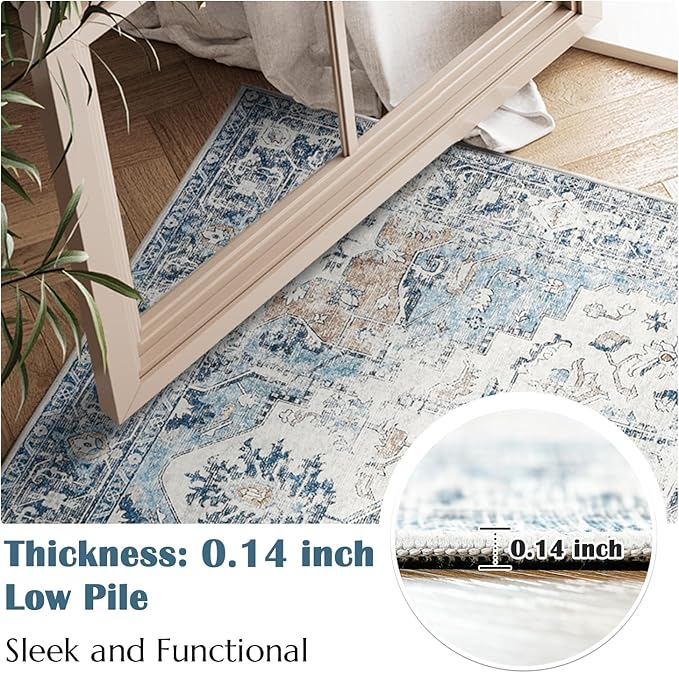 jinchan Runner Rug 2x10-2pcs Hallway Rug Kitchen Washable Runner Vintage Mat Retro Lightweight Non-Slip Floor Cover Distressed Thin Carpet for Entryway Bathroom Bedroom Laundry Room Stairway Blue