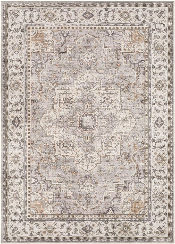 Washable Area Rugs for Living Room - 5x7 Neutral Vintage Distressed Floral Farmhouse Boho Large Soft Floor Rug Indoor Non Slip Carpet for Bedroom Dining Room Office - Grey