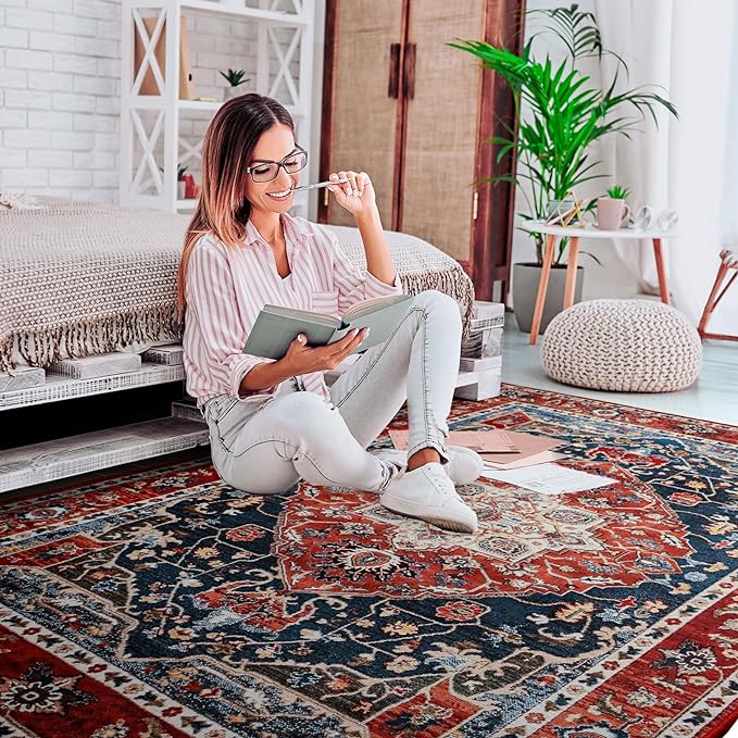 YJ.GWL Large Area Rug for Living Room, 5x8 Machine Washable Boho Rug for Bedroom, Low Pile Lightweight Thin Rugs Floral Vintage Distress Print Pattern Carpet for Dining Room, Red