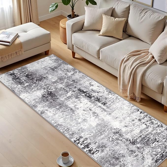Washable Abstract Runner Rug, 2x6 Modern Area Rugs with Non-Slip Rubber Backed for Kitchen, Thin but Soft Contemporary Carpet Bedroom Entryway Hallway Decor, Dark Grey