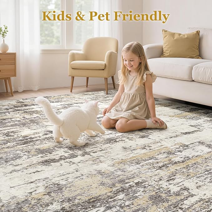 Area Rugs for Living Room: 5x7 Thickened Abstract Washable Rug Modern Neutral Soft Stain Resistant Non-Slip Backing Carpet for Bedroom Dining Room Indoor Home Office - Gold Brown