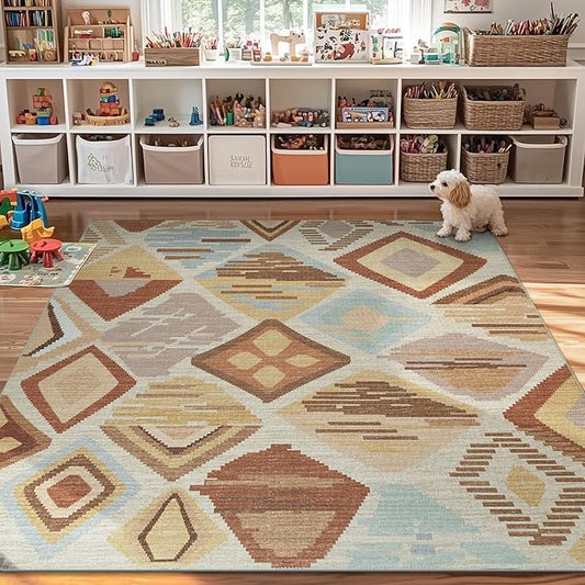 jinchan 8x10 Kids Washable Area Rug Geometric Moroccan Faux Jute Indoor Nursery Rug Non-Slip Colorful Modern Carpet for Playroom Kids Room Living Room Bedroom Laundry Room Boho Tan