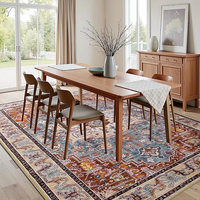 Washable Vintage Area Rugs 3x5, Low Pile Carpet, Non-Slip Distressed Rug for Bedroomn Living Room, Dining Room, Non-Slip, Low Pile, Brick Red