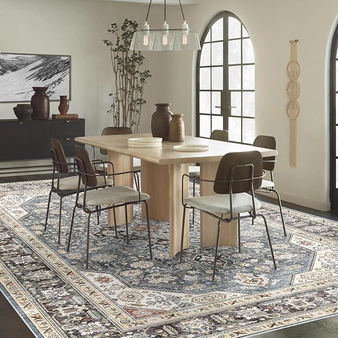 Washable Area Rug - 8x10 Bedroom Living Room Large Indoor Rugs Soft Oriental Vintage Rugs Non-Slip Backing Stain Resistant for Farmhouse Kitchen (8x10 Navy Blue)