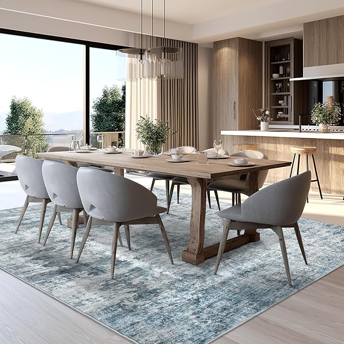 10x14 Area Rugs for Living Room, Non Slip Machine Washable Vintage Rugs, Low Pile Lightweight Large Rug for Bedroom, Dining Room, Home Office Blue