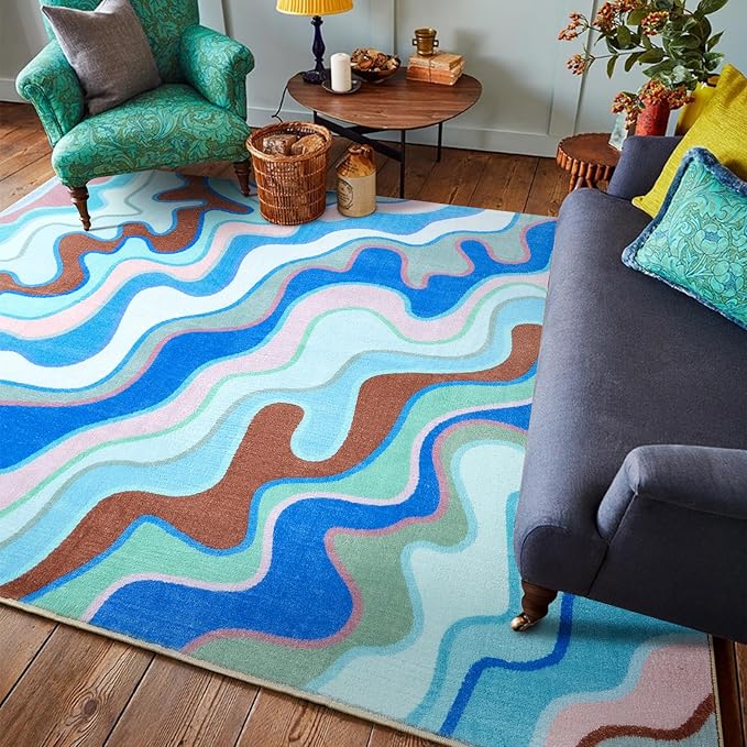 Vintage Abstract 4x6 Area Rug Ultra Thin Funky Aesthetic Colorful Striped Living Room Rug Washable Cute Blue Throw Carpet for Kitchen Entryway Bedroom Dorm Nursery