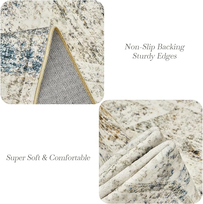 Washable Area Rug 8x10, Large Soft Rugs for Living Room Vintage 8x10 Area Rugs for Bedroom Dining Room Non-Slip Stain Resistant Under Table Blue Ivory Rug