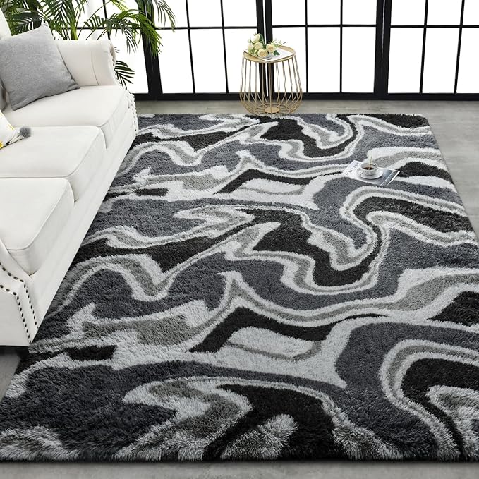 TWINNIS Super Soft Shaggy Rugs Fluffy Carpets, 5x8 Feet, Indoor Modern Plush Area Rugs for Living Room Bedroom Kids Room Nursery Home Decor, Upgrade Anti-Skid Rectangular Fuzzy Rug, Grey Black