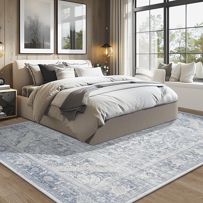 Washable Rugs 8x10 Area Rugs, Soft Vintage Living Room Rug with Anti-Skid Backing Stain Resistant Thin Indoor Carpet Large Area Rug for Bedroom Under Dining Room Table Nursery Entryway-Blue