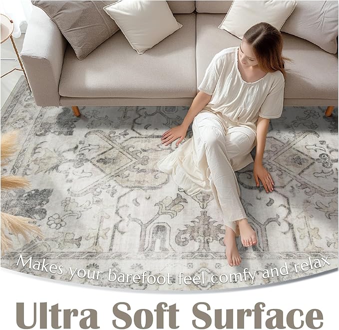 jinchan Hallway Runner Rug 3x10 Machine Washable - Vintage Floral Non-Slip Low-Pile Soft Ultra-Thin Faux Wool Kitchen Rug Distressed Carpet Runner for Farmhouse Bedroom Laundry Room (3x10ft,Taupe)