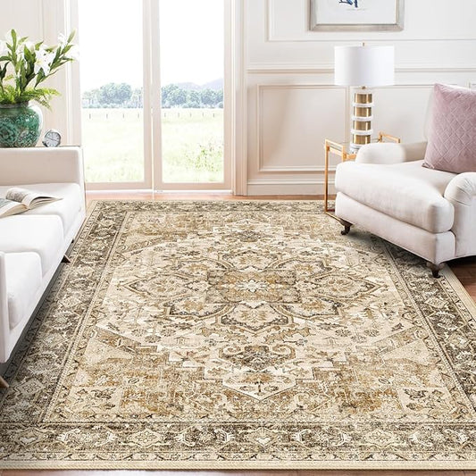 Washable Area Rug Vintage - Living Room Farmhouse Oriental Rug 5x8 Distressed Non-Slip Stain Resistant Carpet for Bedroom Dining Room Home Office (5x8 Beige/Brown)