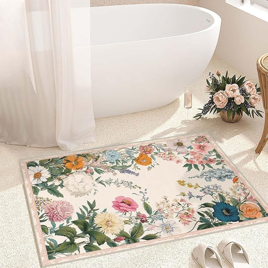 2x3 Entryway Rugs Machine Washable Area Rug Blue Yellow Pink White Floral Boho Botanical Leaf Flower Rug Non-Slip Low Pile Door Mat Entrance Small Carpet for Home Kitchen Bathroom Bedroom