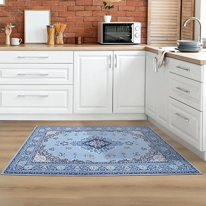 Tepook 2x3 Vintage Washable Rug - Non-Slip Low-Pile Door Mat for Entryway, Kitchen, Bedroom, Bathroom, Foyer - Indoor Throw Rug in Blue